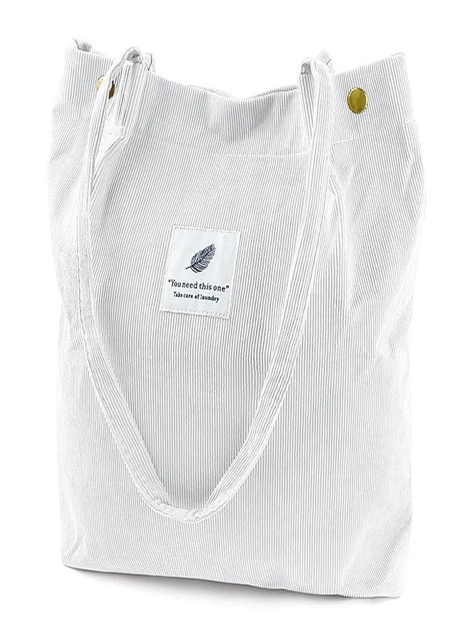 BIGXEN Women Corduroy Tote Bag Canvas Shoulder Purse Reusable Shopping Bag Grocery Bag Large Capacity Washable Handbag Girls Shoulder Bag with Inner Pocket For Daily Use Work Travel (White) - Image 1
